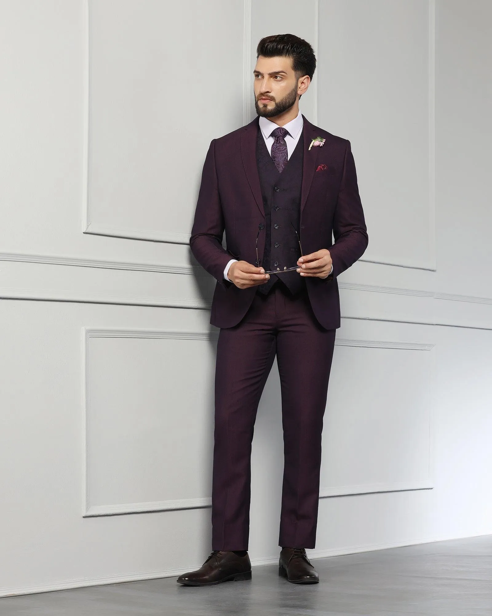 Three Piece Purple Textured Formal Suit - Monto