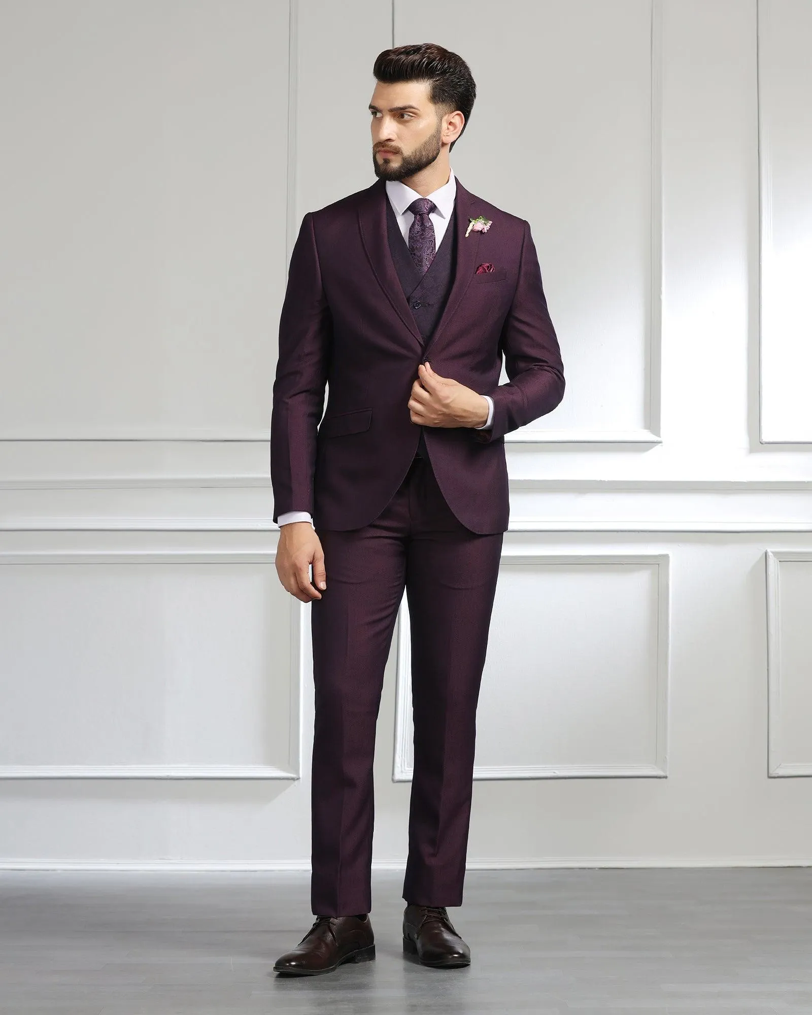 Three Piece Purple Textured Formal Suit - Monto