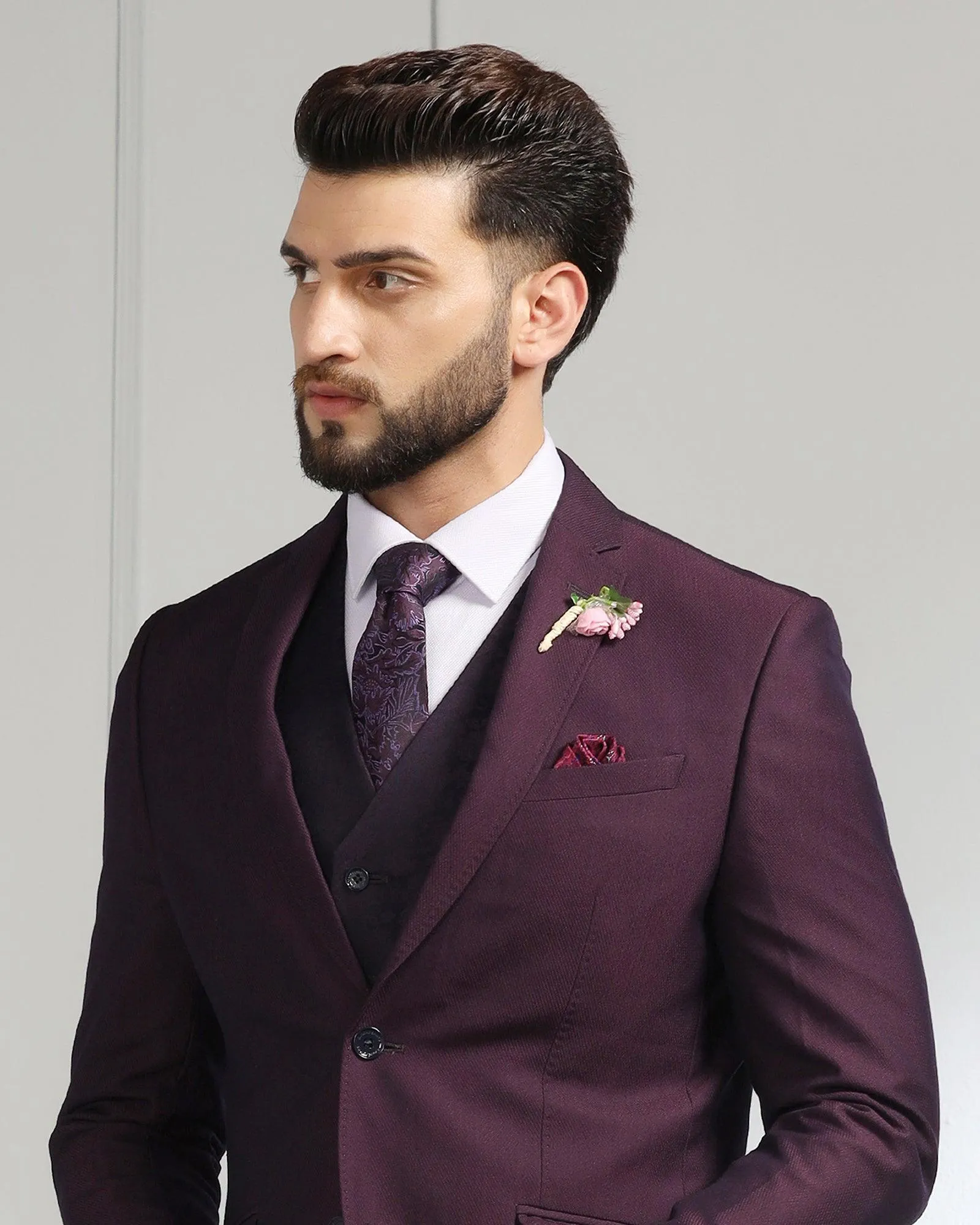 Three Piece Purple Textured Formal Suit - Monto