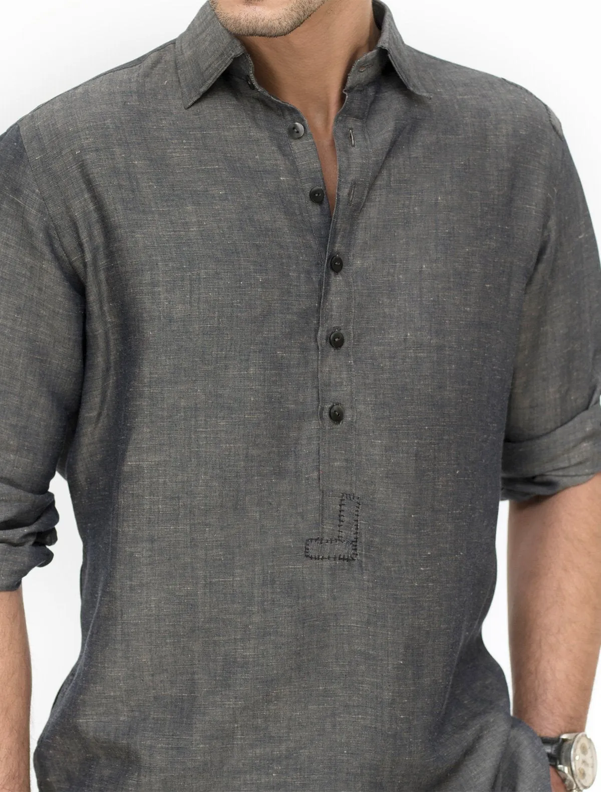 UNIQUE BLUE BEIGE TEXTURED LINEN KURTA