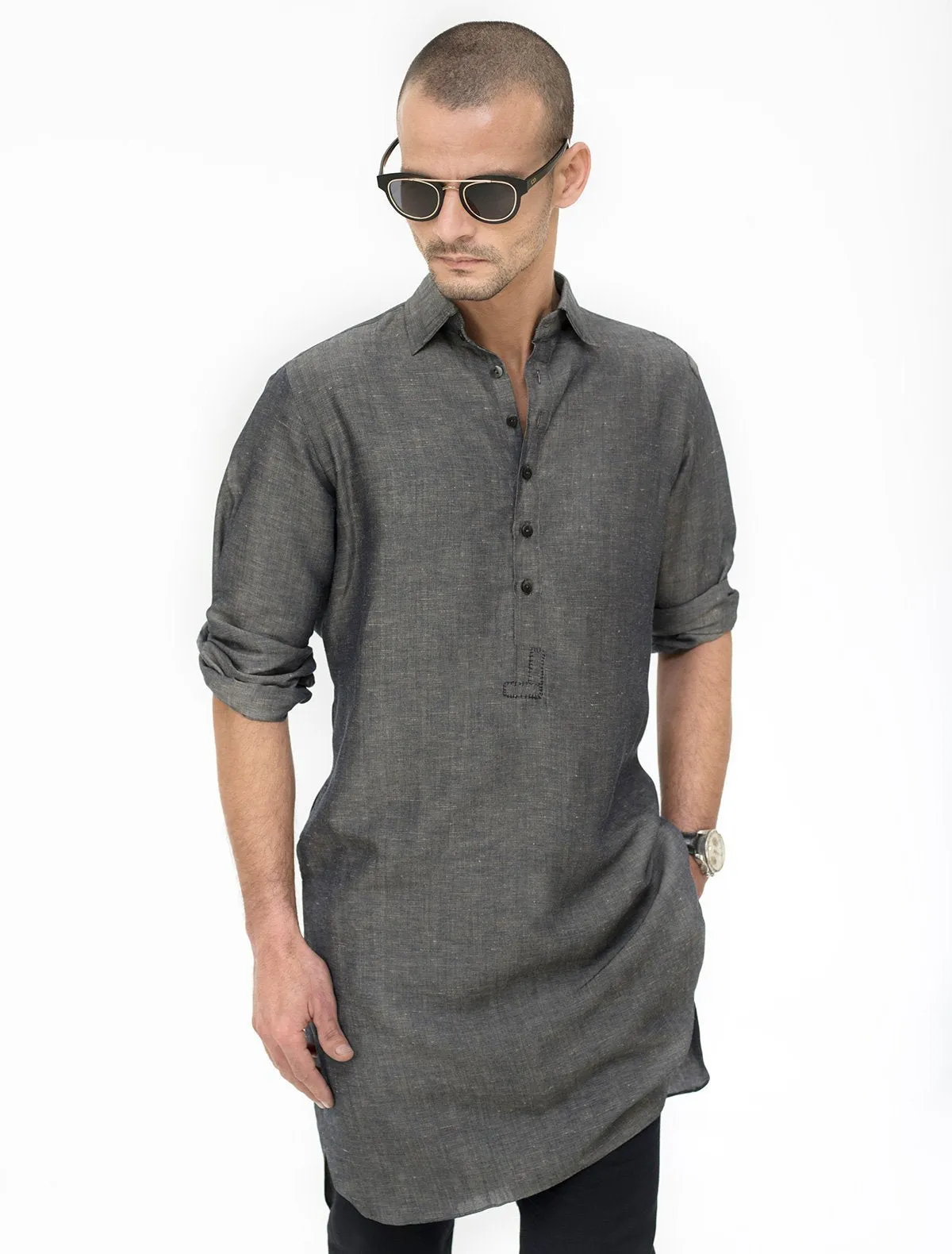 UNIQUE BLUE BEIGE TEXTURED LINEN KURTA