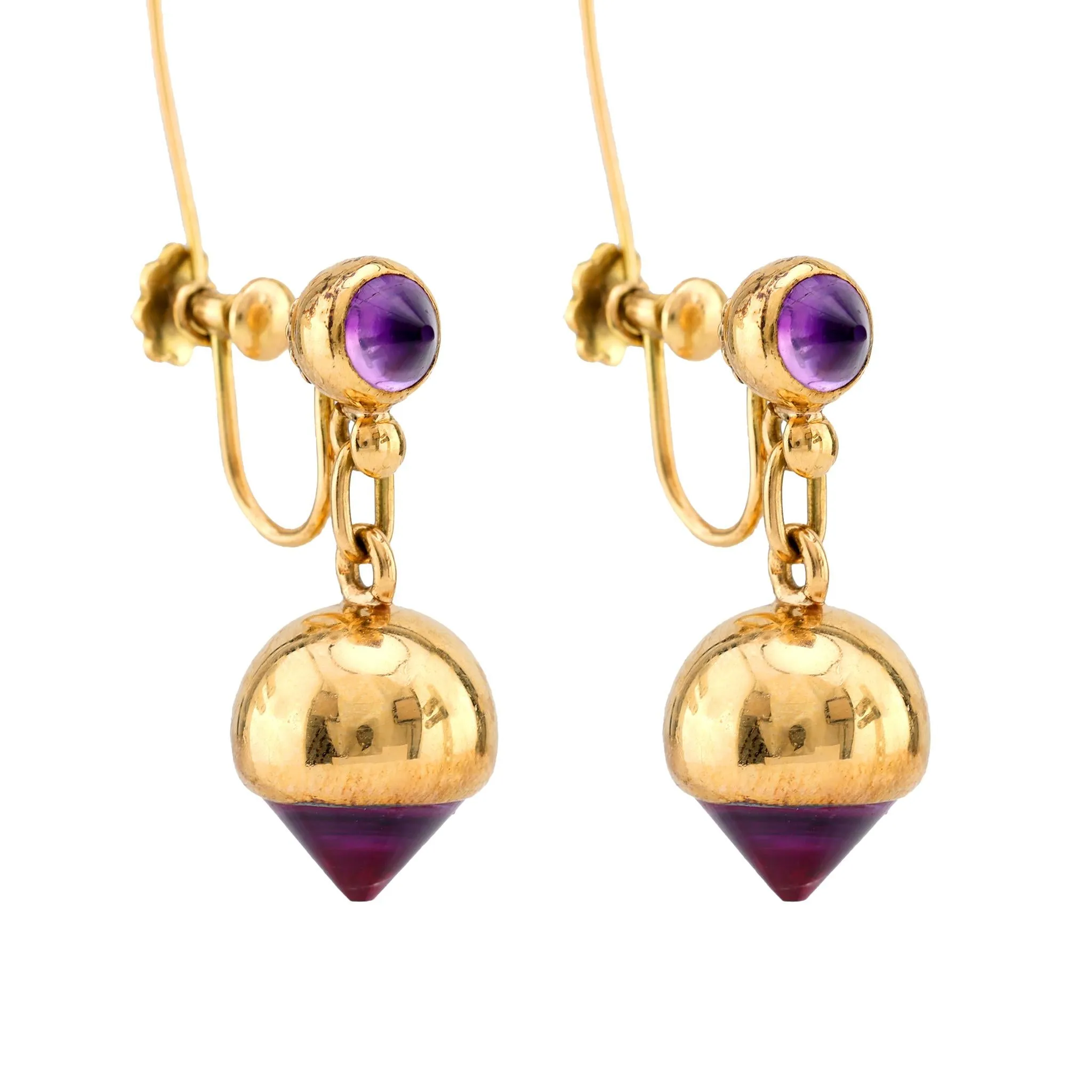 Vintage Cabochon Amethyst 18K Yellow Gold Earrings