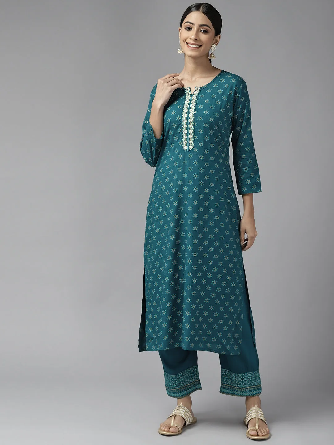 Women Teal Green Rayon Kurta Set