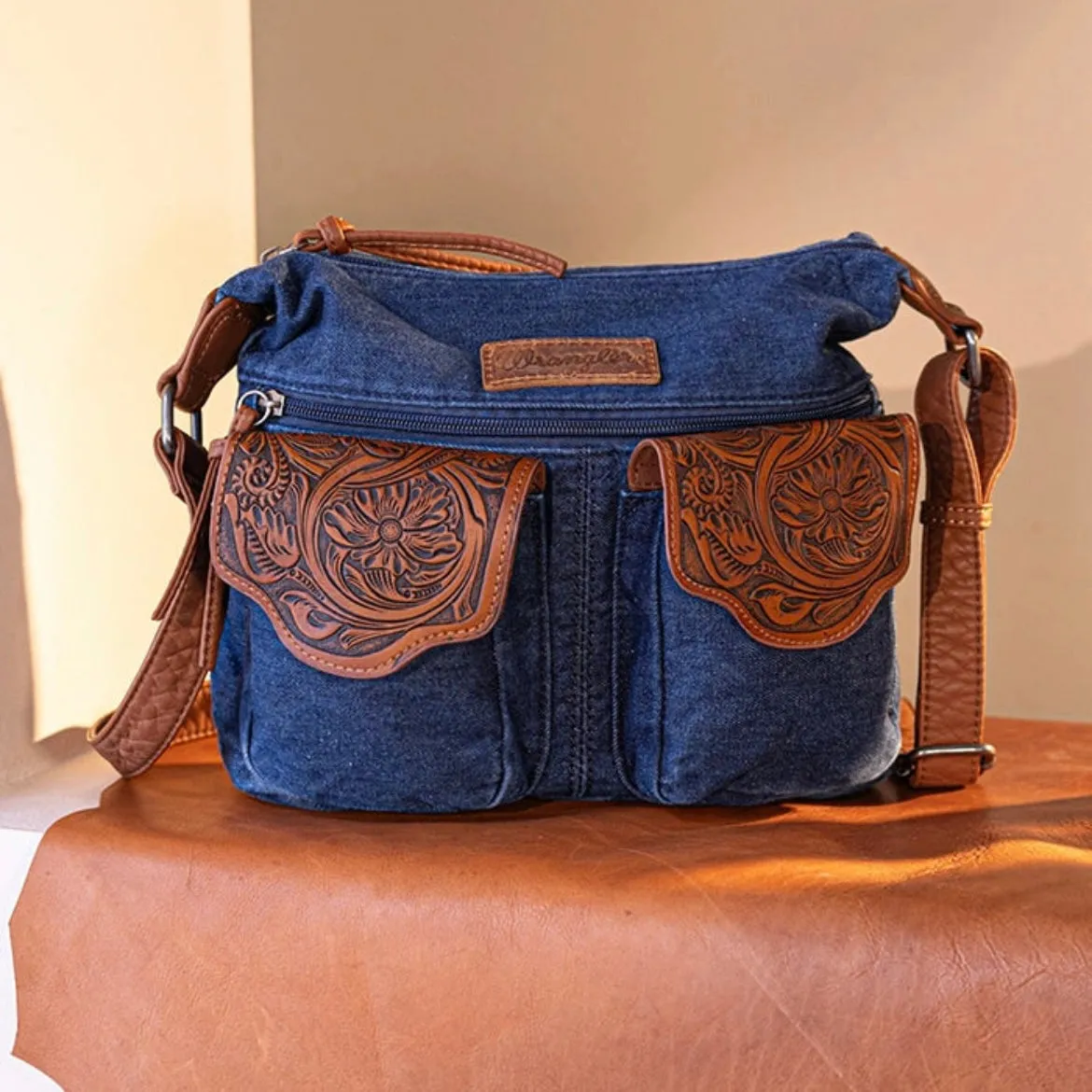 Wrangler Floral Tooled Denim Crossbody Navy