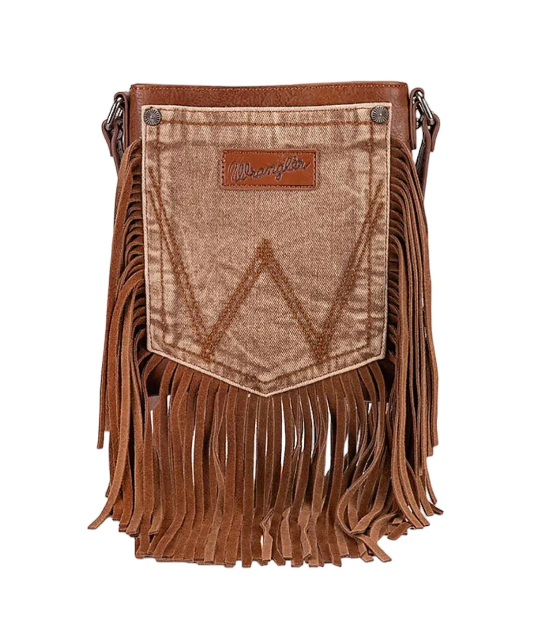 Wrangler Leather Fringe Jean Denim Pocket Crossbody Bag - Brown/Brown